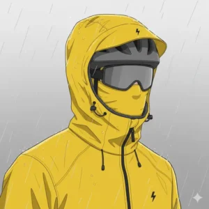 Ergonomische Passform: Kapuzen- und Kragendetail der e bike regenbekleidung über einem Helm.