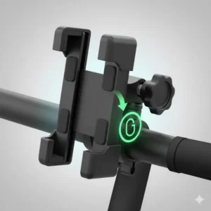 Einfacher Schnellverschluss zum Anbringen und Entfernen der e bike smartphone halterung.
