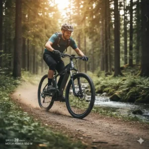 Fahrer auf einem Trail während der praktischen e bike motor bafang test-Fahrt.