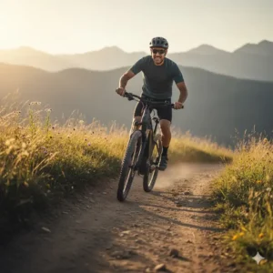 Ein Fahrer, der mühelos bergauf fährt, einen E-Bike Motor 500 Watt nutzend, um die praktische Anwendung und Fahrassistenz zu demonstrieren.