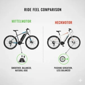 Vergleichsgrafik: Das natürliche Fahrgefühl des e bike motor mittelmotor gegenüber dem schiebenden Gefühl des heckmotor.