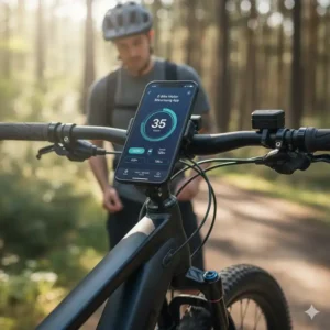 Radfahrer nutzt sein Smartphone mit geöffneter e bike motor steuerung app während einer Pause