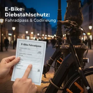 E-Bike Diebstahlschutz Tipps: Rahmennummer-Codierung und ausgefüllter Fahrradpass zur Identifikation.