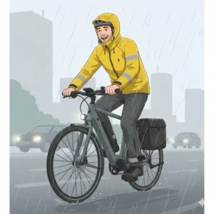 Ein Pendler genießt seine Fahrt auf dem e bike regenbekleidung geschützt bei starkem Regen in der Stadt.