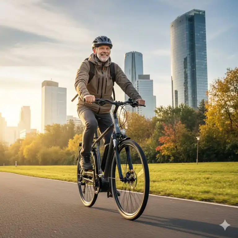 Ein Mann fährt auf einem E-Trekkingrad zur Arbeit. Er teilt seine e bike pendeln erfahrungen mit der Community.