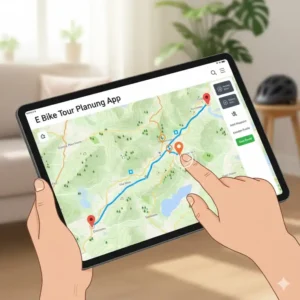 Benutzer plant eine individuelle E-Bike-Tour auf der Karte der planung app.