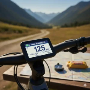 Nahaufnahme eines E-Bike-Displays, das die Akku-Reichweite und die verbleibende Distanz anzeigt, wichtig für die Planung einer e bike trekking tour erfahrungen.