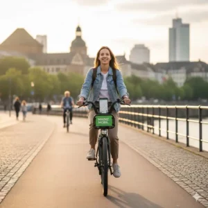 Person fährt ein E-Bike Sharing Deutschland Fahrrad auf einem Radweg in einer städtischen Umgebung.