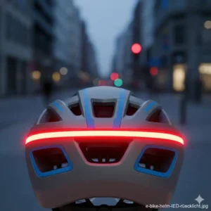 Nahaufnahme des integrierten LED Rücklichts am E-Bike Helm mit Licht