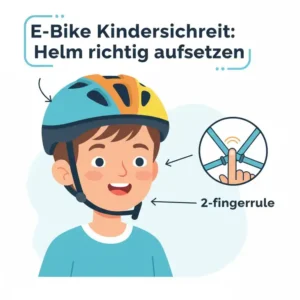 Illustration: Kind setzt Fahrradhelm richtig auf. Wichtig für E Bike Kindersicherheit.