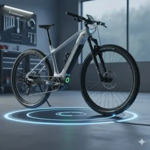 Nahaufnahme: E-Bike auf induktiver Ladestation, um e bike kabellos laden.