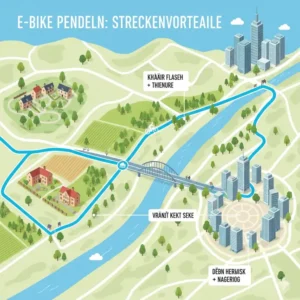 Eine illustrierte Karte zeigt die e bike pendeln erfahrungen auf einer gemischten Route Stadt/Land.