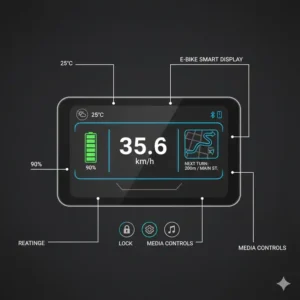 Schema der Benutzeroberfläche des e bike smart display mit deutlich gekennzeichneten Metriken.