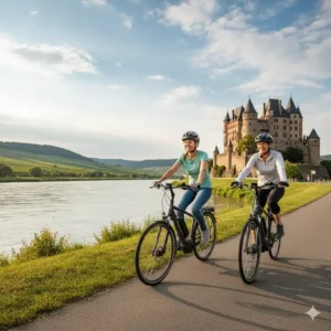 Zwei Radfahrer bei einer e bike touren deutschland 2025 entlang des Donauradwegs, mit Schloss im Hintergrund.