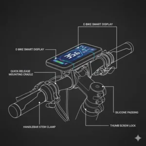 Illustration, die die sichere Montage des e bike smart display am Lenkerholm zeigt.