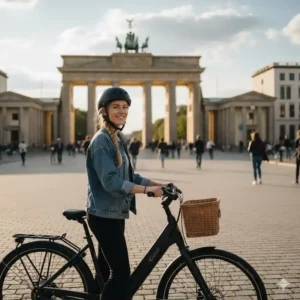 Eine Radfahrerin bei einer e bike touren deutschland 2025 vor dem Brandenburger Tor in Berlin.