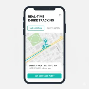 Screenshot einer Smartphone-App mit E-Bike GPS Tracker Test-Daten zur Echtzeit-Ortung und Routenhistorie für ein E-Bike.