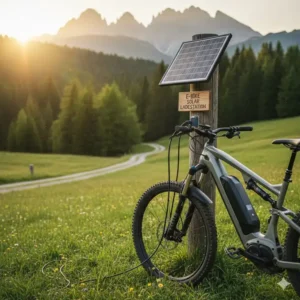 Aufladen des E-Bike Akkus an einer Raststation während dem e bike urlaub alpen.