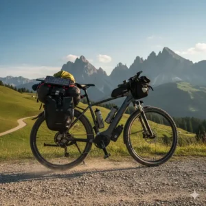 Ein voll gepacktes E-Bike mit wasserdichten Packtaschen und wichtiger Ausrüstung für die langen Distanzen der e bike trekking tour erfahrungen.