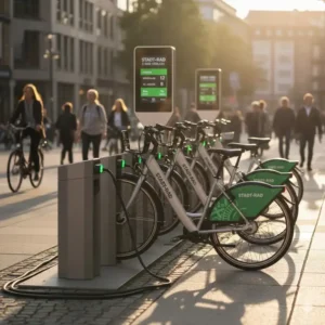 ine E-Bike Sharing Deutschland Ladestation mit E-Bikes, die zur Wiederaufladung angedockt sind.