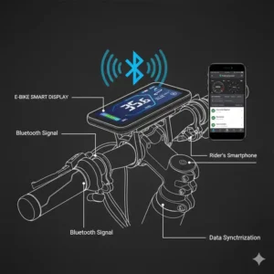 Grafik zur Bluetooth-Verbindung zwischen dem e bike smart display und der Smartphone-App des Fahrers.