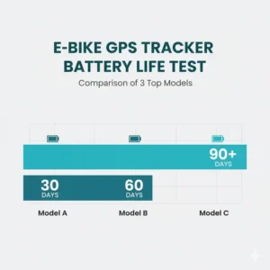 Infografik zum Vergleich der Akkulaufzeit (in Tagen) von drei Modellen aus dem E-Bike GPS Tracker Test.
