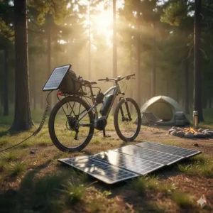 Off-Grid-Lösung: e bike solar ladegerät am Zeltplatz.