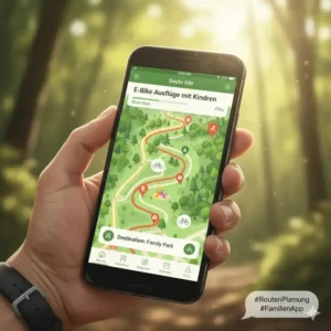 Hand hält Smartphone mit Routen-App für e bike ausflüge mit kindern