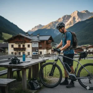 Ein Radfahrer lädt seinen E-Bike-Akku an einer Ladestation während einer Pause bei der e bike trekking tour erfahrungen.
