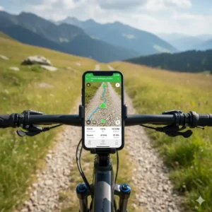 Nahaufnahme des Turn-by-Turn-Navigationsbildschirms der app, montiert am E-Bike-Lenker.