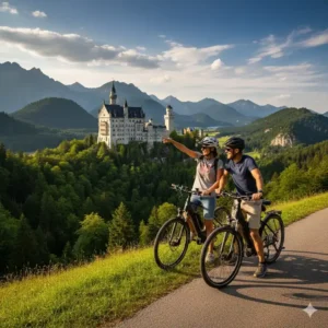 Paar auf E-Bikes bei einer e bike touren deutschland 2025 mit Blick auf Schloss Neuschwanstein in den bayerischen Alpen.