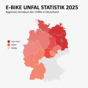 Regionale Darstellung der Unfallhäufigkeit auf einer Deutschlandkarte, basierend auf der E-Bike Unfall Statistik 2025.