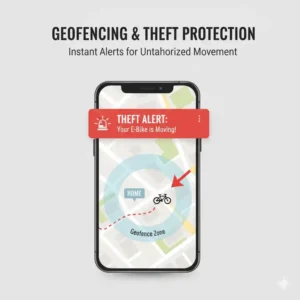 Visuelle Darstellung einer Geofence-Zone und einer Benachrichtigung bei unbefugter Bewegung oder Diebstahlswarnung des E-Bike GPS Tracker Test-Geräts.