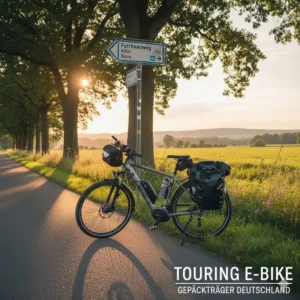 Ein voll ausgestattetes Touring-E-Bike auf einem deutschen Radweg, ideal für e bike fahrradwege deutschland Touren.