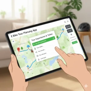 Ein Menübildschirm, der Optionen zum Speichern, Teilen oder Exportieren der geplanten e bike tour als GPX-Datei zeigt.