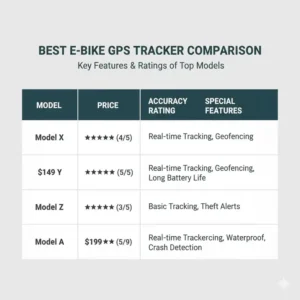 Eine Tabelle, die die wichtigsten Merkmale der besten im E-Bike GPS Tracker Test bewerteten Modelle vergleicht.