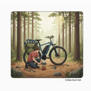 e bike camping ausrüstung - Kochen: Kleines Koch-Set für E-Bike Touren, bestehend aus Campingkocher und leichtem Geschirr.