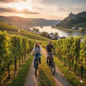 Zwei Radfahrer bei einer e bike touren deutschland 2025 durch Weinberge im Rheintal.