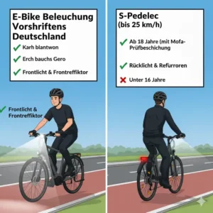 E-Bike Verkehrsregeln Deutschland: Notwendige StVZO-konforme Beleuchtung (Licht und Reflektoren) für E-Bikes.