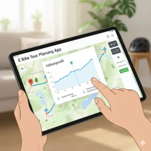 Detaillierte Ansicht des Höhenprofils der Route in der e bike tour planung app, die Auf- und Abstiege zeigt.