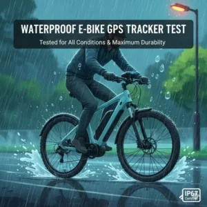 Ein robuster, wasserdichter GPS-Tracker, montiert an einem E-Bike, das im Regen fährt, demonstriert die Haltbarkeit im E-Bike GPS Tracker Test.