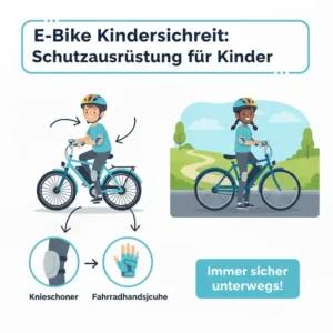Zusätzliche Schutzausrüstung (Protektoren, Handschuhe) für E Bike Kindersicherheit.