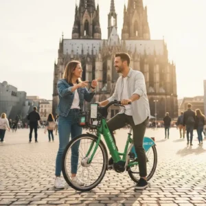 Ein Tourist, der ein E-Bike Sharing Deutschland Fahrrad nutzt, um eine bekannte deutsche Sehenswürdigkeit zu besichtigen.