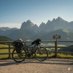 Eine malerische Aussicht von einem Berggipfel, mit dem E-Bike daneben, als Symbol für das erfolgreiche Ziel der e bike trekking tour erfahrungen.