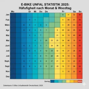 Häufigkeit von Unfällen nach Monaten und Wochentagen, dargestellt in der E-Bike Unfall Statistik 2025.