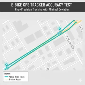 Satellitenkartenansicht, die die hohe Genauigkeit im E-Bike GPS Tracker Test zeigt, mit minimaler Abweichung von der tatsächlichen Route.