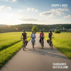 Eine Gruppe von Freunden fährt gemeinsam auf einem flachen e bike fahrradwege deutschland in der Natur.