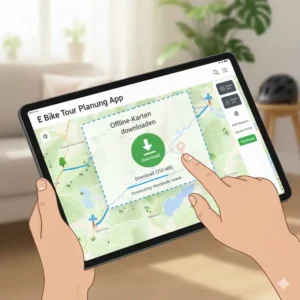 Eine Illustration der app, die einen Offline-Kartenbereich für eine abgelegene e bike tour herunterlädt oder anzeigt.
