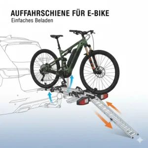 Detailansicht der Auffahrschiene für einen E-Bike Fahrradträger mit Rampe für Anhängerkupplung.