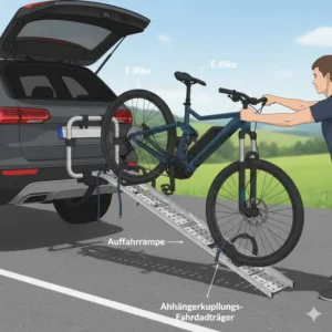 Illustration des Beladevorgangs eines E-Bikes über einen Anhängerkupplungs-Fahrradträger mit Rampe.